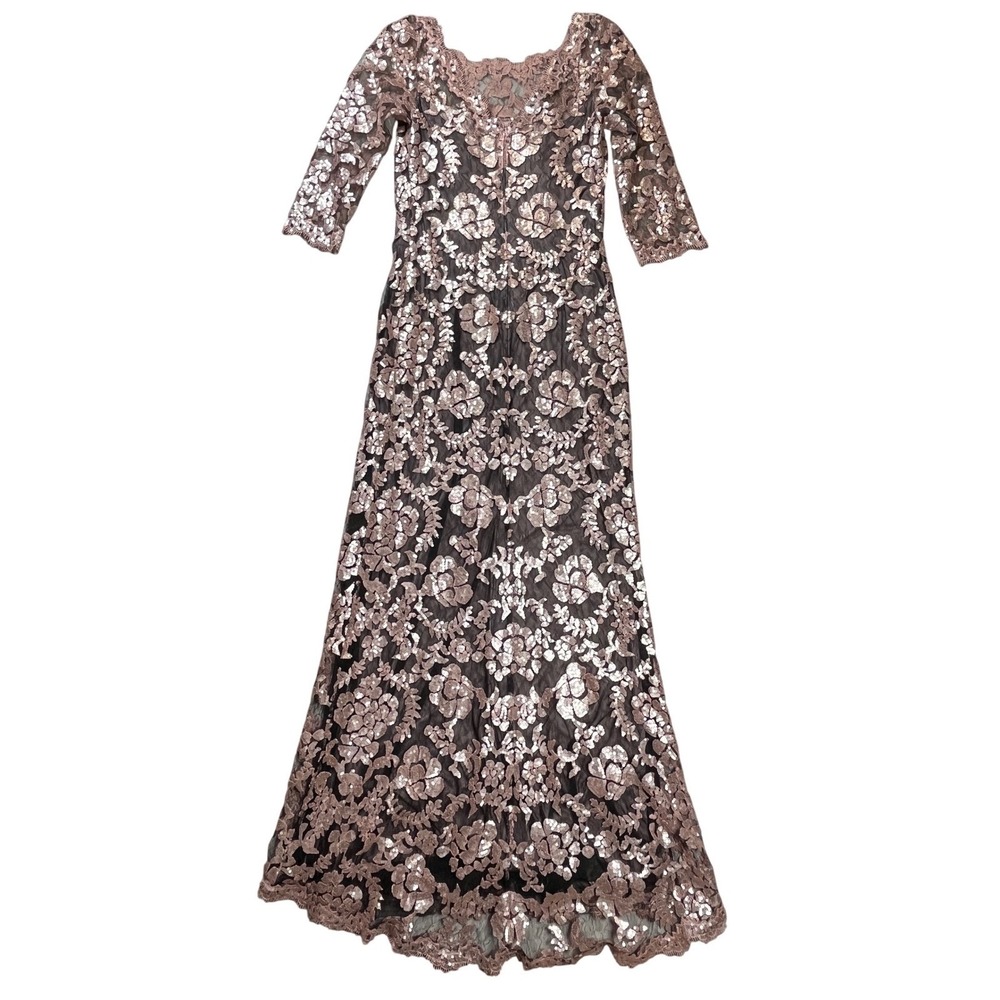 Tadashi Shoji BHLDN Yvonne Gown Women 6 Rose Gold Sequin Lace 3/4 Formal Evening - Picture 2 of 10